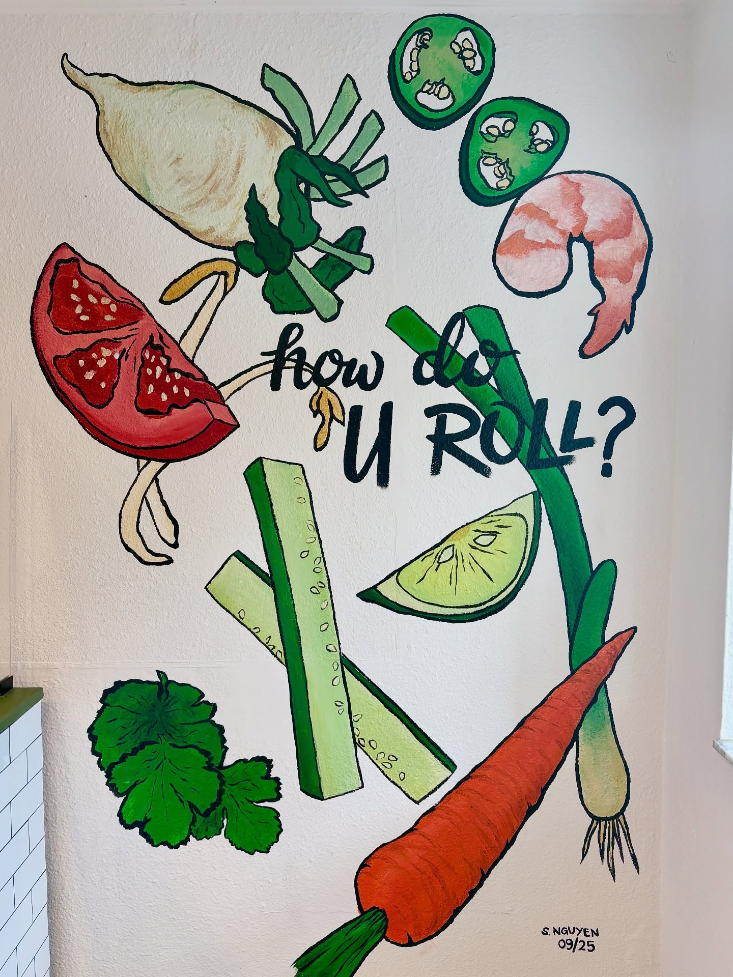The hand-painted how do U roll? mural with carrots, cucumber, lime and shrimp