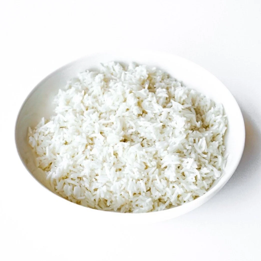Jasmine rice in a white dish, from above