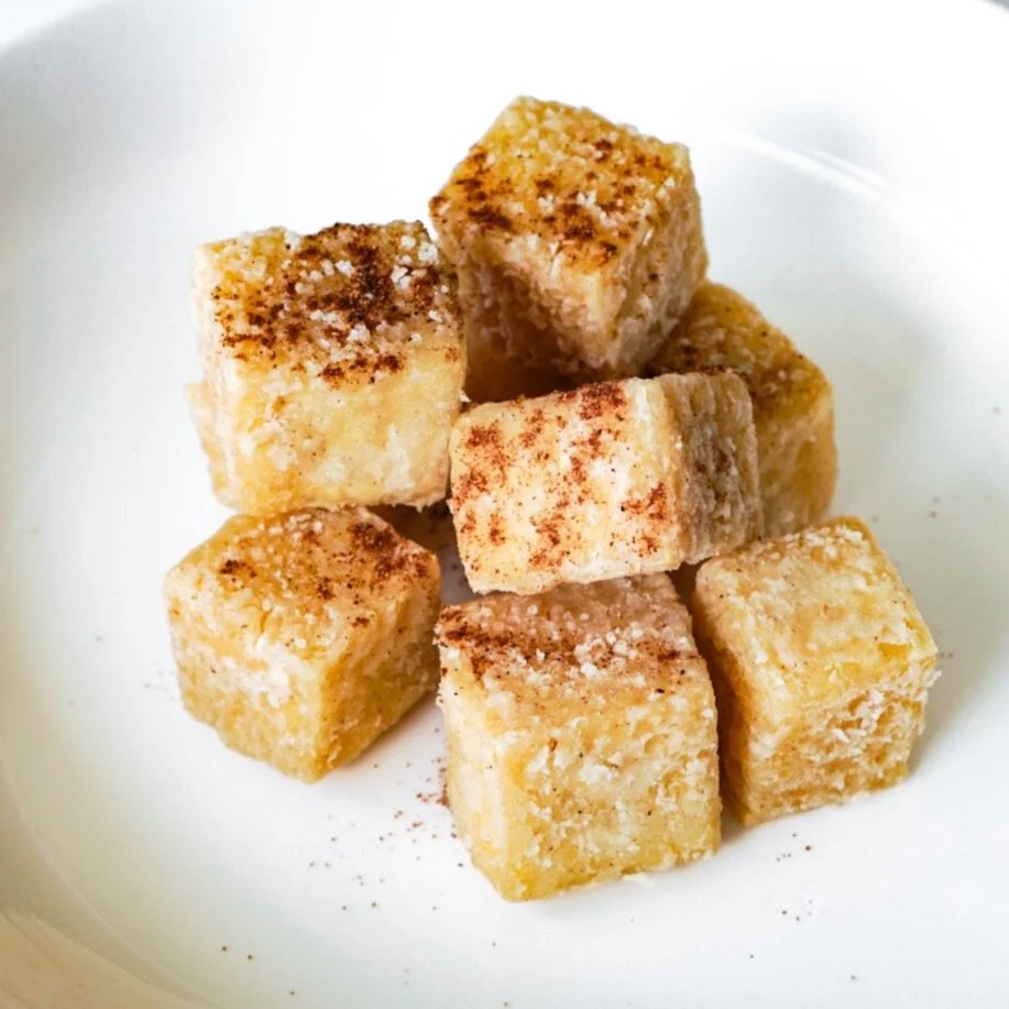 Five-spice tofu in a white dish, from above