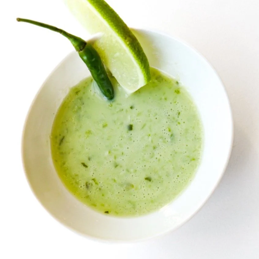 V-Bomb sauce in a white dish, from above